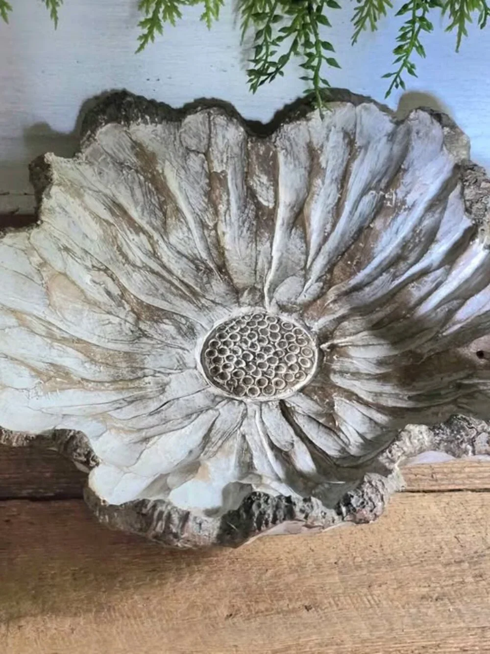 Resin Carved Flower Bowl White & Brown Distressed Shabby Chic Decoration